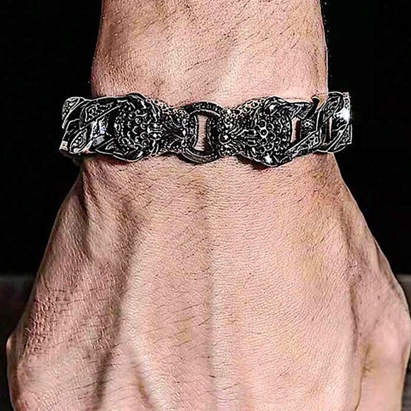 Stainless Steel Leopard Viking Bracelet, Double Headed, Norse, Horsetail, Chain - Picture 5 of 7